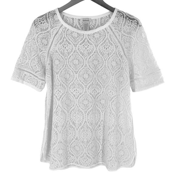 Sundance Tops - Sundance White Lace Boho Short Sleeve Top Size Large Blouse